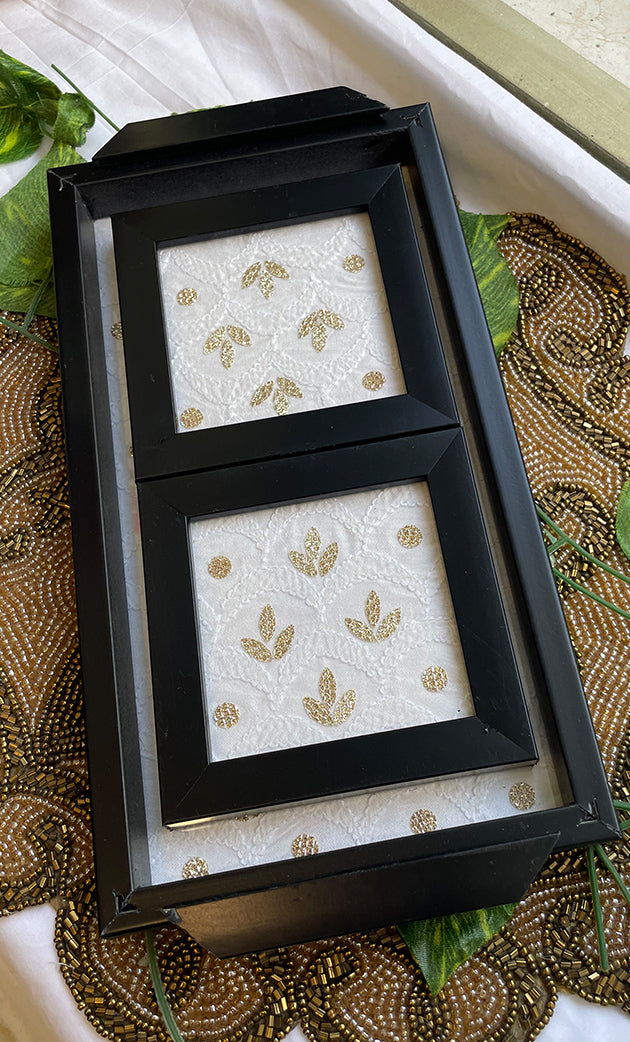 Handcrafted Chikankari Tray with Two Coasters – Wooden Frame - HONC0310959