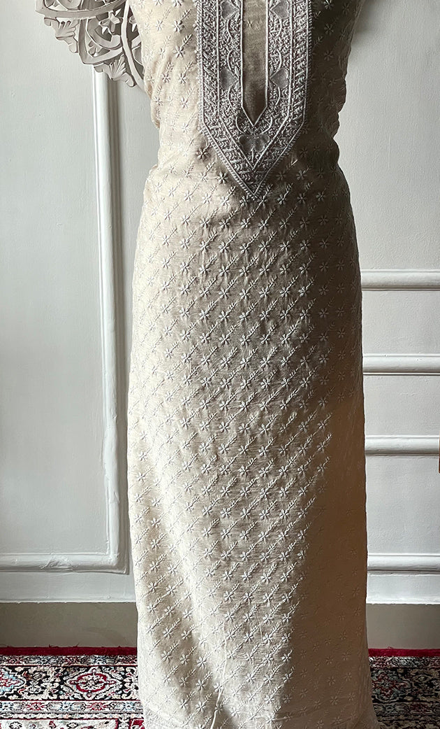 Lucknowi Handcrafted Munga Silk Chikankari Unstitched Unisex Kurta Fabric - HONC0320842