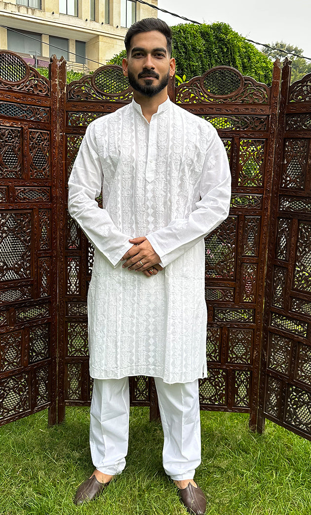 Men's Lucknowi Handcrafted Cotton Chikankari Kurta - HONC0295444