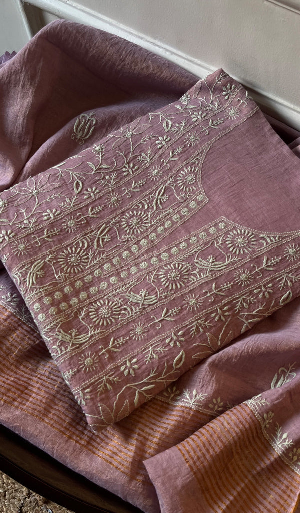 Women's Lakhnavi Handcrafted Tissue Chanderi Unstitched Kurta And Dupatta Set - HONC0273674