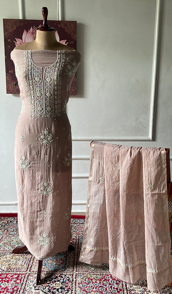 Women's Lakhnavi Handcrafted Mul Chanderi Unstitched Chikankari Full Suit Material - HONC0371975