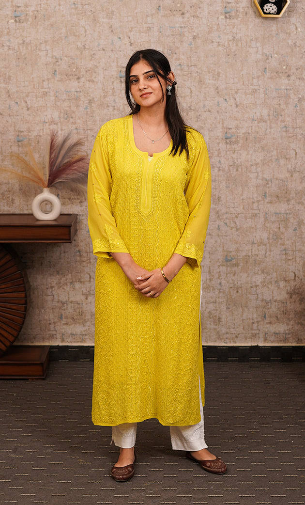 Yusra Women's Lakhnavi Handcrafted Viscose Georgette Chikankari Kurti - HONC0282694