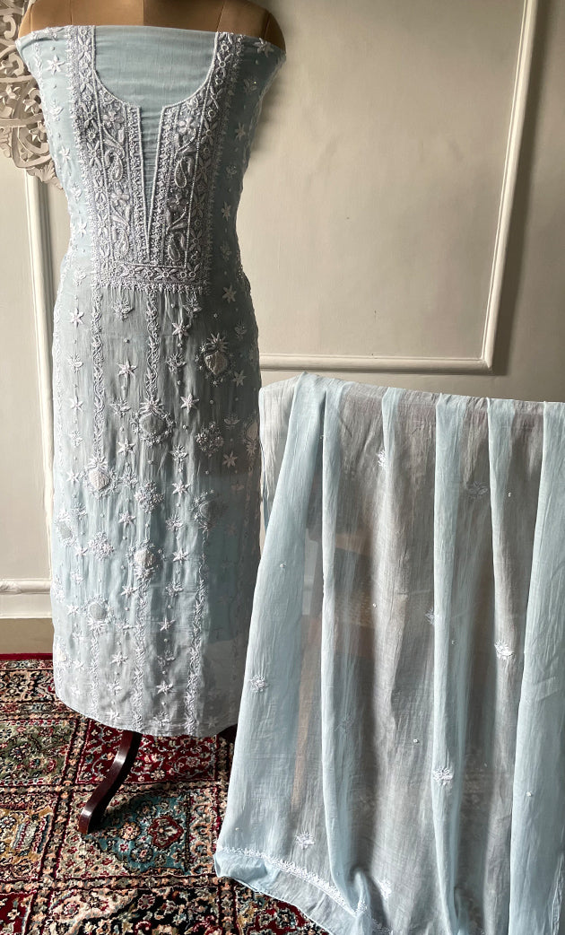 Women's Lakhnavi Handcrafted Unstitched Mul Chanderi Kurta And Dupatta Set - HONC0329030