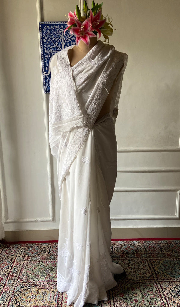 Women's Lakhnavi Handcrafted Viscose Georgette Chikankari Saree - HONC0359808
