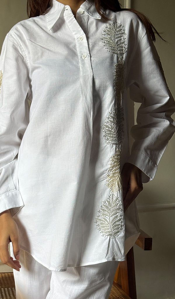Enayat Women's Lakhnavi Handcrafted Linen Cotton Oversized Chikankari Oversized Kurta And Pant Set - HONC02936780