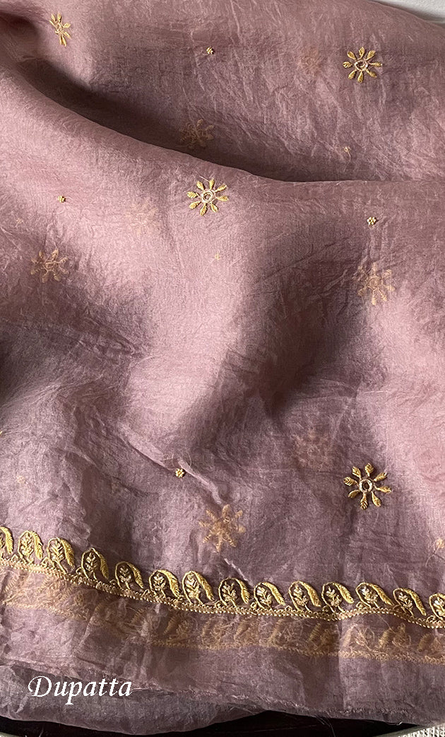 Women's Lakhnavi Handcrafted Pure Organza Chikankari Unstitched Kurta And Dupatta Set- HONC0318670