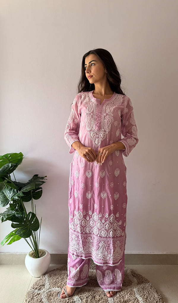 Women's Lucknowi Handcrafted Mul Chanderi Stitched Chikankari Kurta And Plazzo Set- HONC0379055