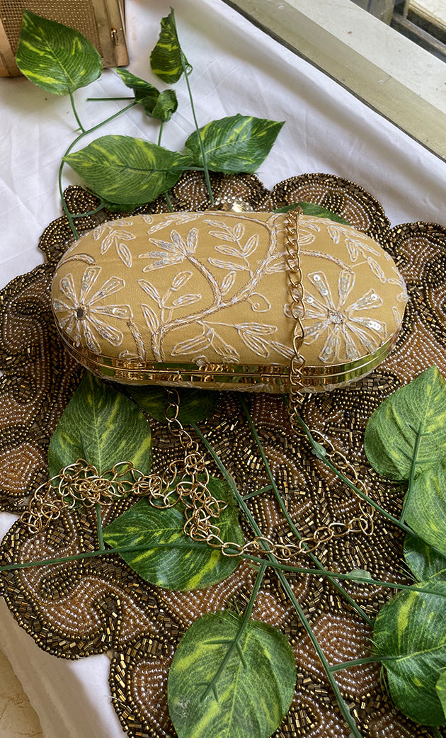 Golden Chikankari Embroidered Clutch with Stone Knob - HONC0263122
