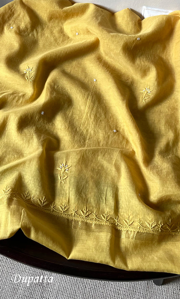 Women's Lakhnavi Handcrafted Mul Chanderi Unstitched Chikankari Full Suit Material - HONC0306982