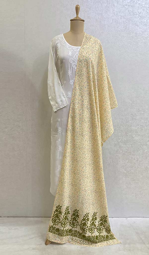 Lucknowi 手工绉纱 Chikankari 披肩 - HONC040990