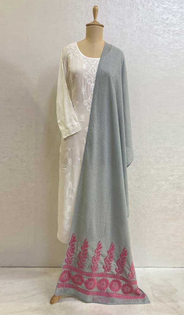 Lucknowi 手工绉纱 Chikankari 披肩 - HONC040993