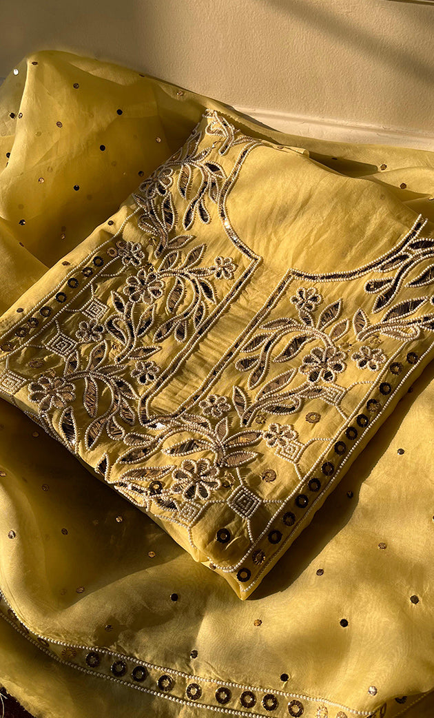 Women's Lakhnavi Handcrafted Pure Organza Chikankari Unstitched Kurta And Dupatta Set- HONC0304473