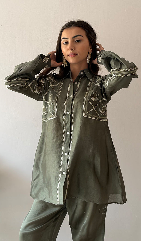 Women's Lakhnavi Handcrafted Chanderi Silk Chikankari Top And Pant Set - HONC0379821