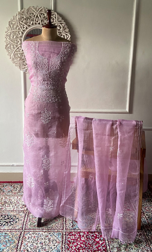 Women's Lakhnavi Handcrafted Pure Organza Chikankari Unstitched Kurta And Dupatta Set- HONC0288321