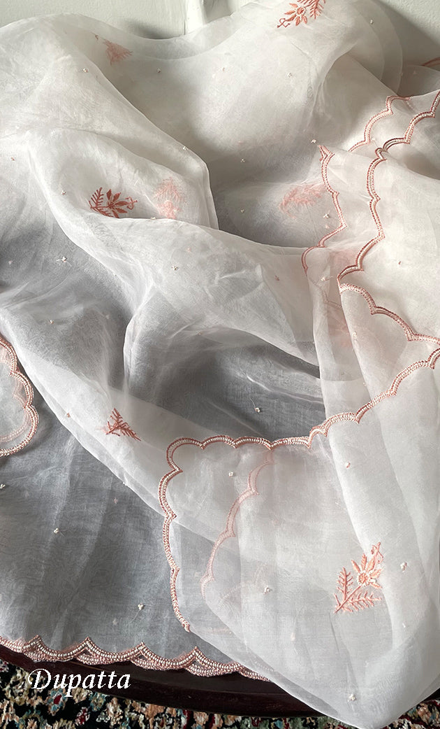 Mehnaj Women's Lakhnavi Handcrafted Pure Organza Chikankari Unstitched Kurta And Dupatta Set- HONC0316460