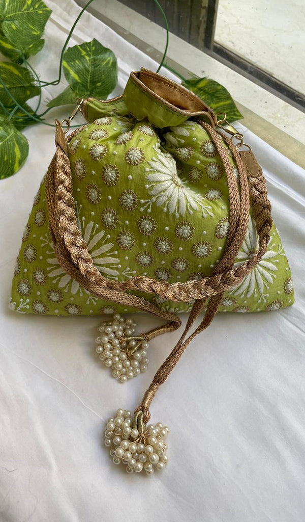 Green Chikankari Embroidered Potli Clutch Bag  HONC0316098