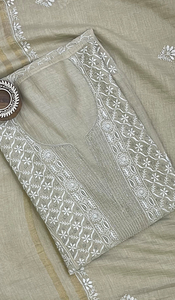 Women's Lakhnavi Handcrafted Mul Chanderi Chikankari Semi Stitched Kurta And Dupatta Set- HONC0144339