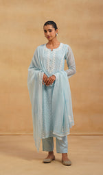 Load image into Gallery viewer, Saziya Women's Lakhnavi Handcrafted Mul Chanderi Chikankari Stitched Kurta, Dupatta And Pant Set - HONC0464646