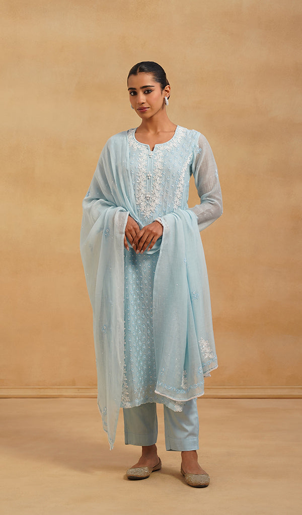 Saziya Women's Lakhnavi Handcrafted Mul Chanderi Chikankari Stitched Kurta, Dupatta And Pant Set - HONC0464646