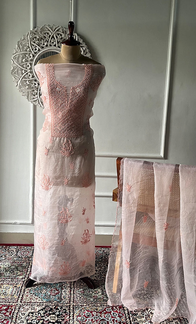 Women's Lakhnavi Handcrafted Pure Organza Chikankari Unstitched Kurta And Dupatta Set- HONC0328269