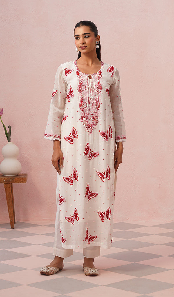 Titlee Women's Lakhnavi Handcrafted Mul Chanderi Chikankari Stitched Kurta, Dupatta And Pant Set - HONC0659745