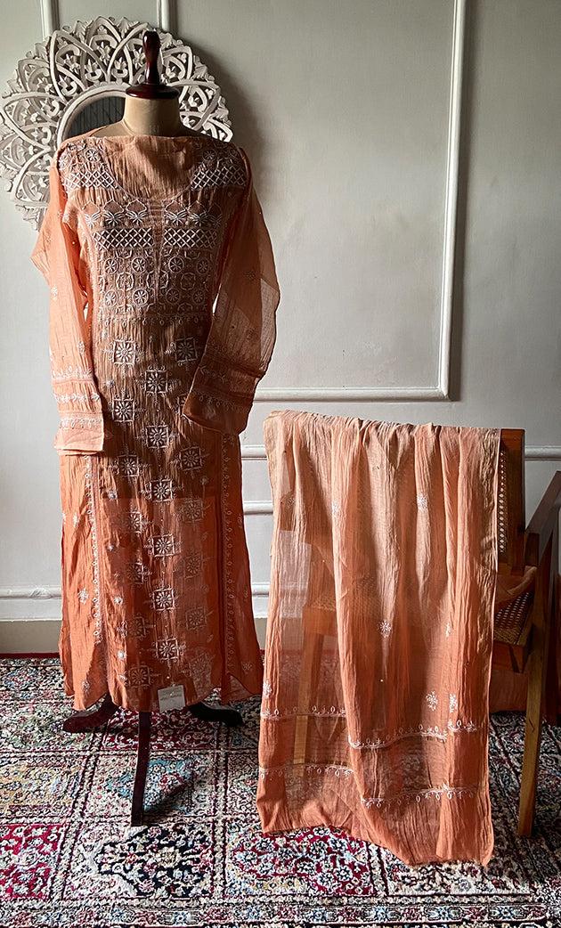 Women's Lakhnavi Handcrafted Mul Chanderi Semi - Stitched Kurta And Dupatta Set - HONC0281964