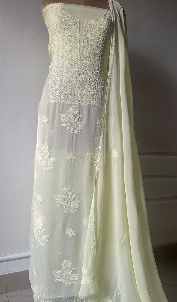 Women's Lakhnavi Handcrafted Viscose Georgette Chikankari Full Suit Material - HONC0267759