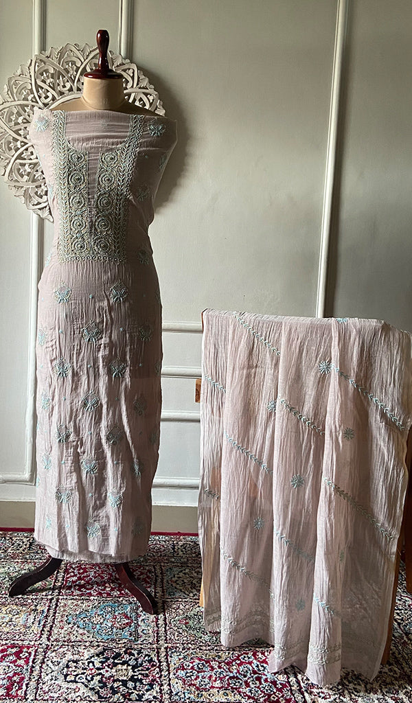 Women's Lakhnavi Handcrafted Mul Chanderi Unstitched Kurta And Dupatta Set - HONC0326140