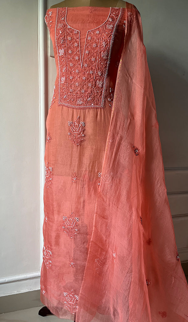 Women's Lakhnavi Handcrafted Pure Organza Chikankari Unstitched Kurta And Dupatta Set- HONC0257505