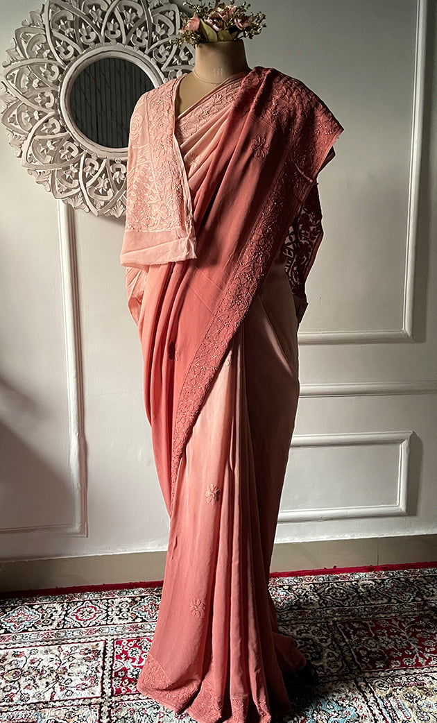 Women's Lakhnavi Handcrafted Viscose Georgette Chikankari Saree - HONC0318168