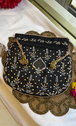 Load image into Gallery viewer, Black Chikankari Embroidered Potli Bag with Golden Bead Tassels - HONC0316098
