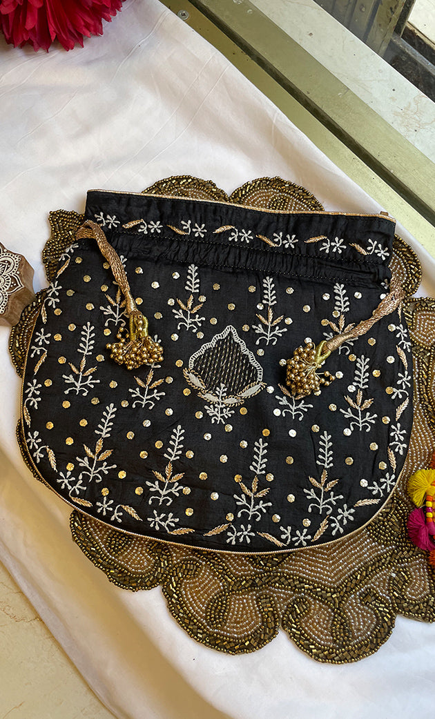 Black Chikankari Embroidered Potli Bag with Golden Bead Tassels - HONC0316098