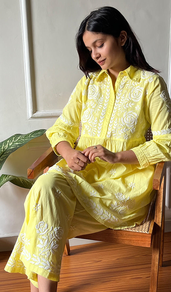 Women's Lakhnavi Handcrafted Cotton Chikankari Kurta And Palazzo Set - HONC0290429