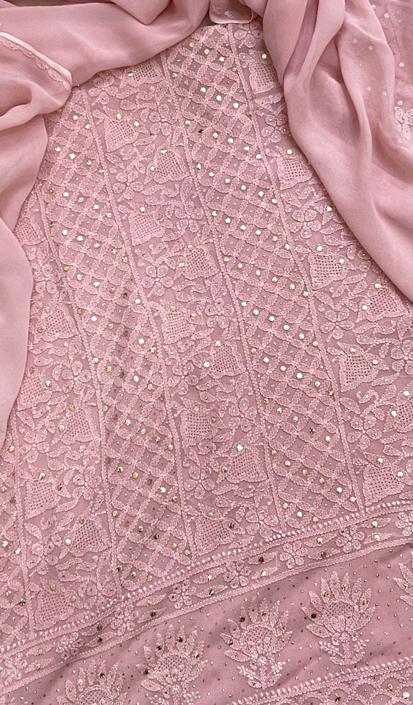 Women's Lakhnavi Handcrafted Viscose Georgette Chikankari Full Suit Material - HONC0194927