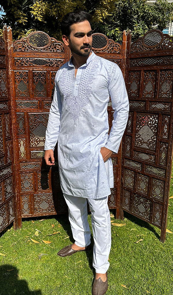 Men's Lucknowi Handcrafted Cotton Chikankari Kurta - HONC0329857