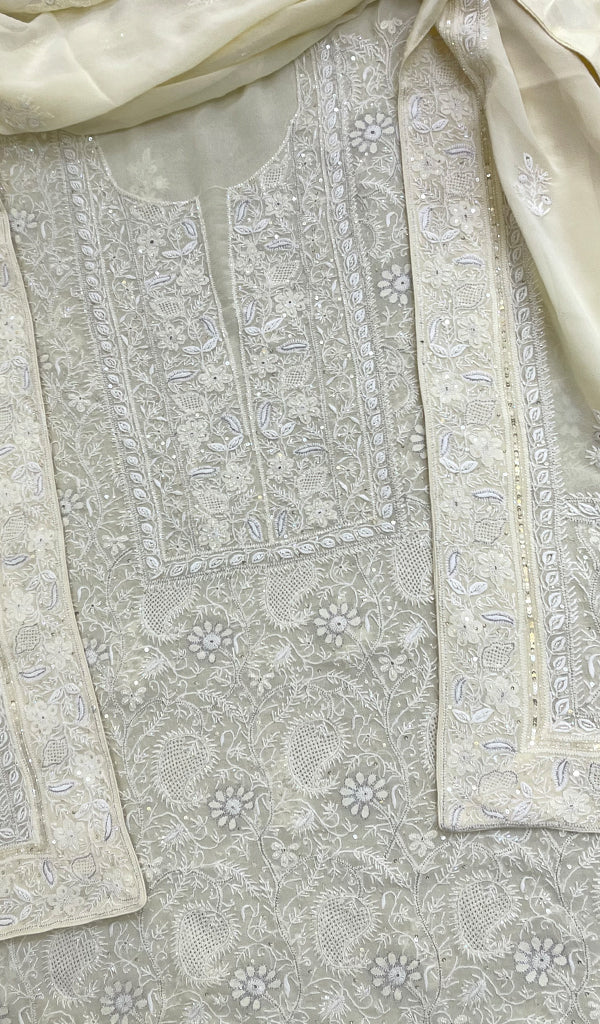 Women's Lakhnavi Handcrafted Pure Silk Georgette Chikankari Suit Material - HONC0146032