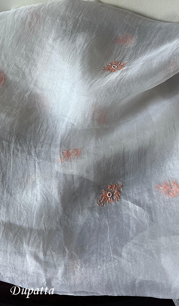 Women's Lakhnavi Handcrafted Pure Organza Chikankari Unstitched Kurta And Dupatta Set- HONC0270074