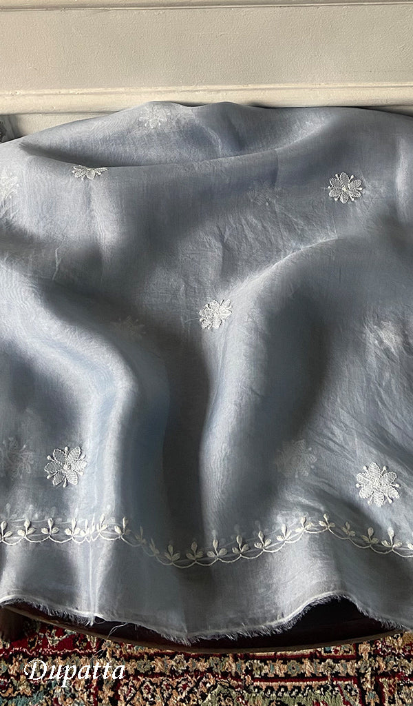Women's Lakhnavi Handcrafted Pure Organza Chikankari Semi stitched Kurta And Dupatta Set- HONC0348612