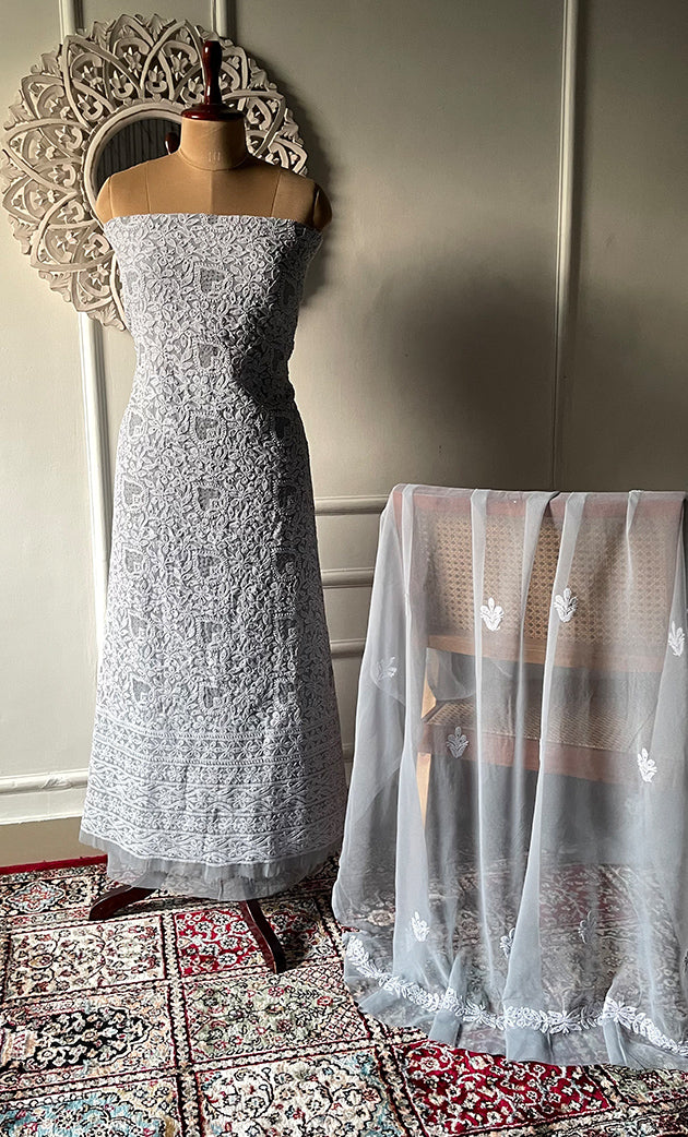 Women's Lucknowi Handcrafted Faux-Georgette Chikankari Suit Material - HONC0263367