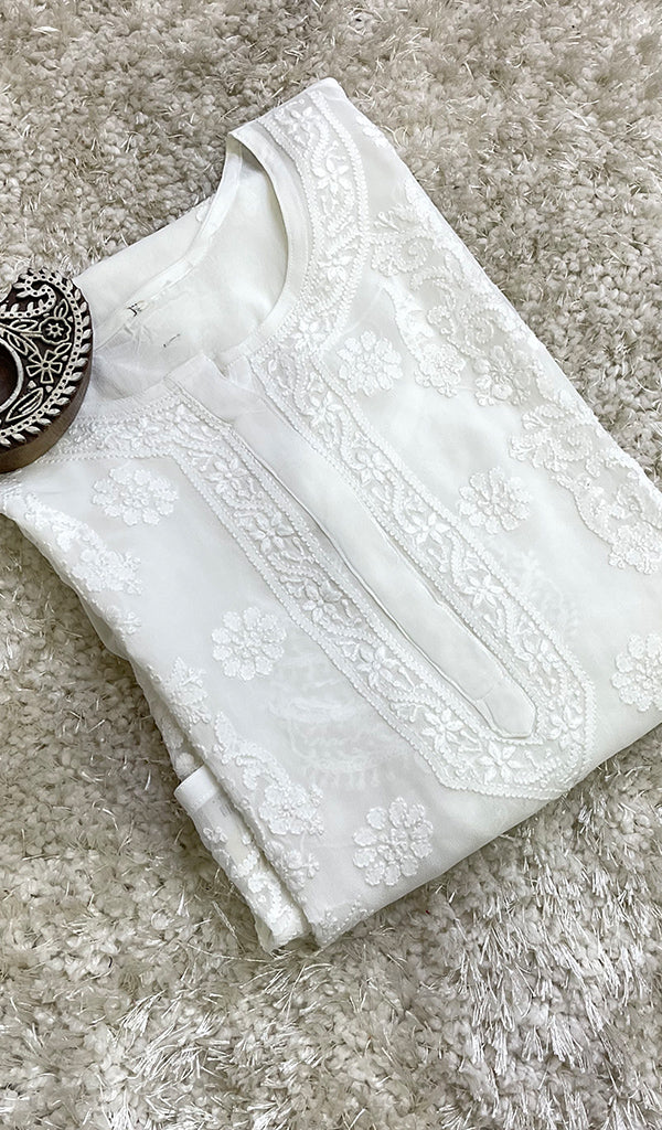 Safiya Women's Lakhnavi Handcrafted Viscose Georgette Chikankari Kurti - HONC0207815