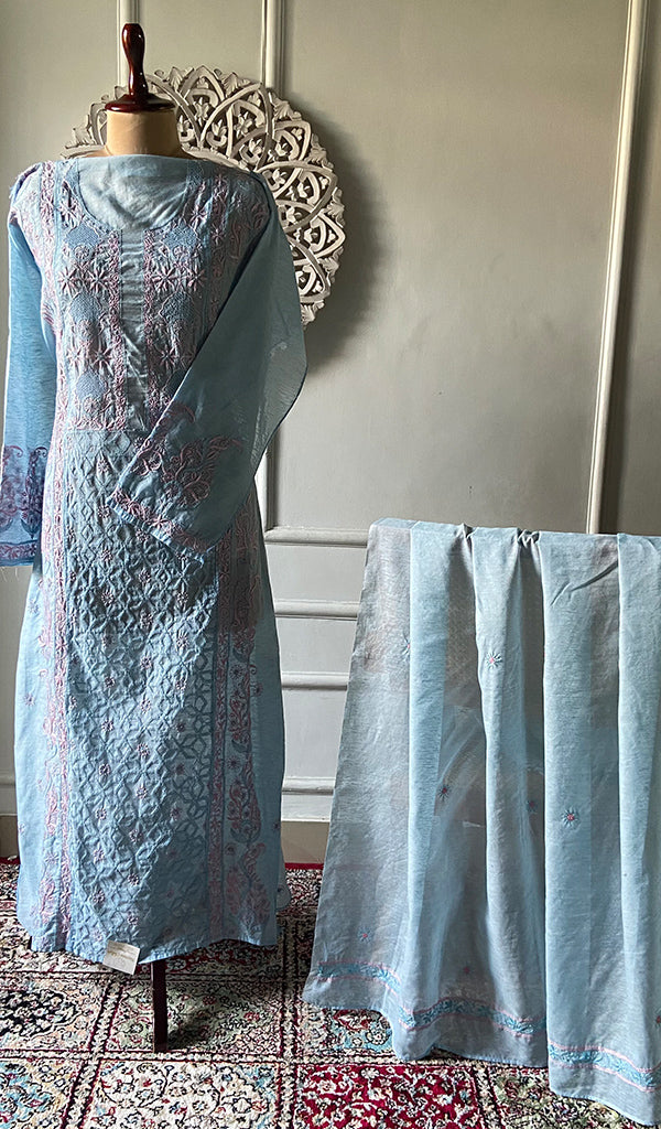 Women's Lucknowi Handcrafted Semi -Stitched Chanderi Silk Chikankari Full Suit Material - HONC0269962