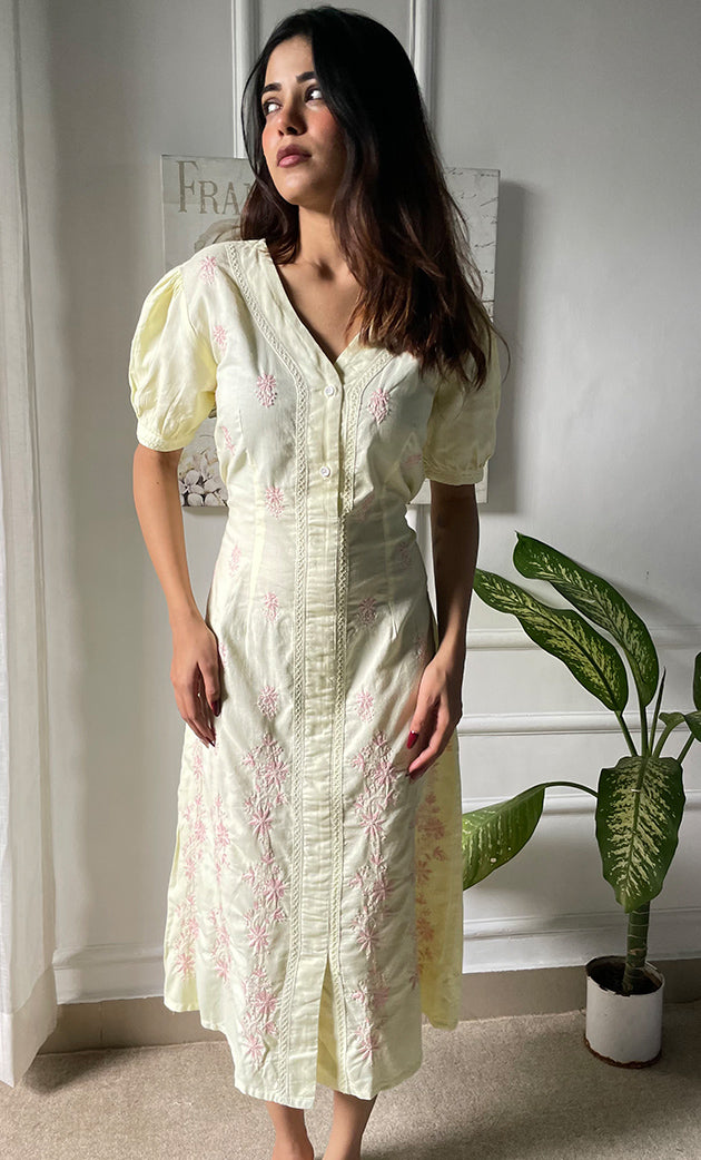Aashiya Women's Lucknowi Handcrafted Cotton Chikankari Long Dress - HONC0309330