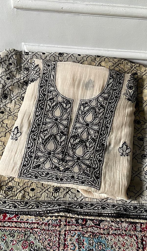 Women's Lakhnavi Handcrafted Mul Chanderi Unstitched Kurta And Dupatta Set - HONC0374249