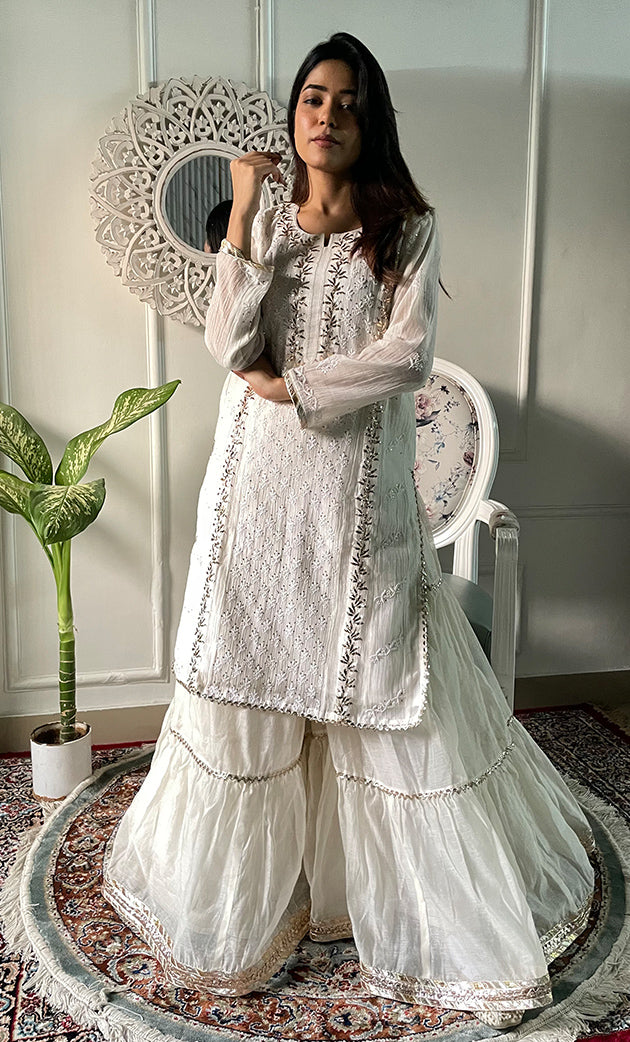 Women's Lakhnavi Handcrafted Mul Chanderi Chikankari Stitched Kurta, Dupatta And Gharara Set - HONC0324079