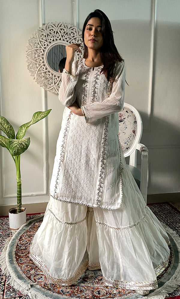 Women's Lakhnavi Handcrafted Mul Chanderi Chikankari Stitched Kurta, Dupatta And Gharara Set - HONC0324079