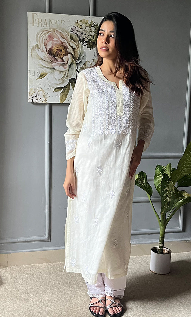 Women's Lakhnavi Handcrafted Kota Cotton Chikankari Kurti - HONC0305764