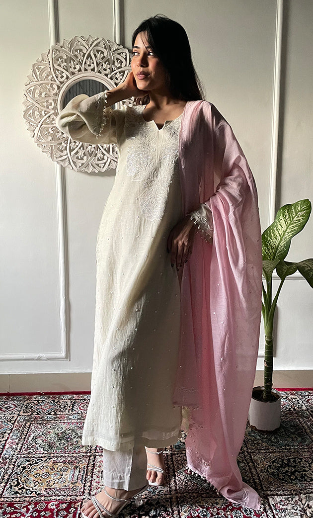 Women's Lakhnavi Handcrafted Mul Chanderi Chikankari Stitched Kurta, Dupatta And Pant Set - HONC0324259