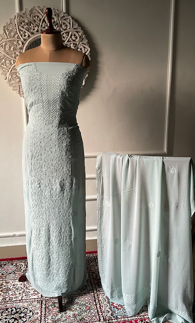 Women's Lakhnavi Handcrafted Viscose Georgette Chikankari Full Suit Material - HONC0312589