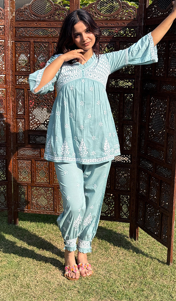 Rania Women's Lakhnavi Handcrafted Cotton Chikankari Short Kurta And Afghani pant Set - HONC0268683