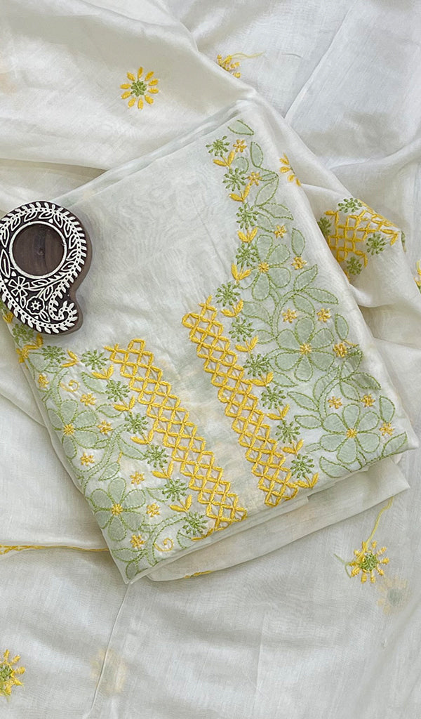 Women's Lucknowi Handcrafted Chanderi Silk Chikankari Kurta Dupatta Fabric - HONC067434